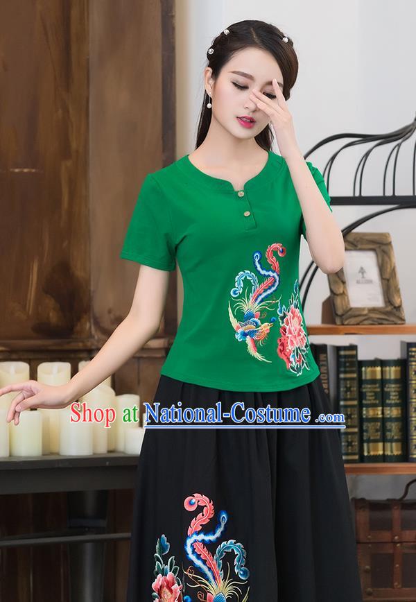 Traditional Chinese National Costume, Elegant Hanfu Embroidery Phoenix Flowers Green T-Shirt, China Tang Suit Republic of China Chirpaur Blouse Cheong-sam Upper Outer Garment Qipao Shirts Clothing for Women