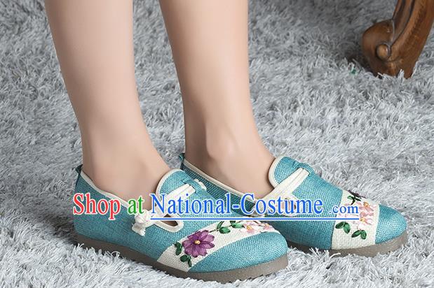 Traditional Chinese Shoes, China Handmade Linen Embroidered Blue Shoes, Ancient Princess Cloth Shoes for Women