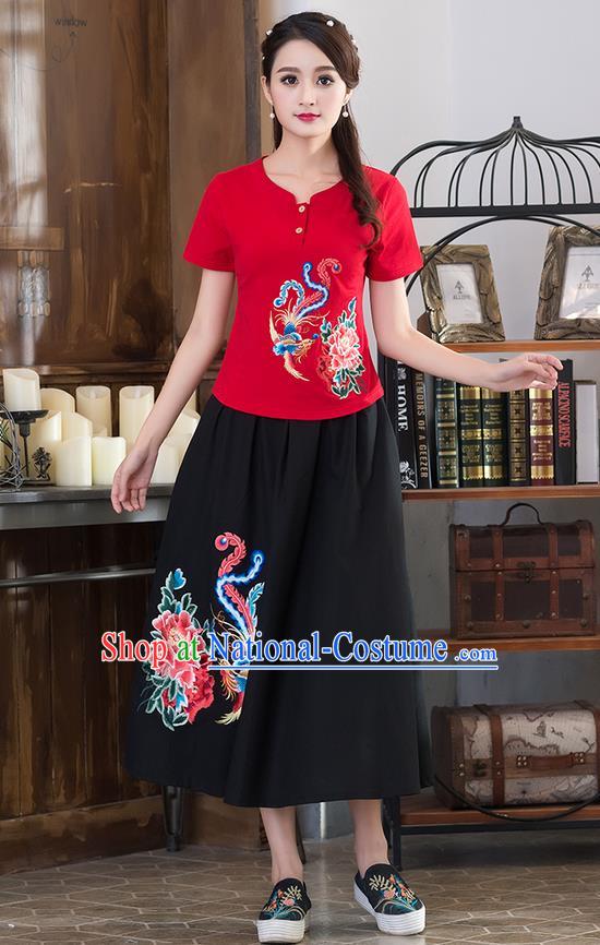 Traditional Chinese National Costume, Elegant Hanfu Embroidery Phoenix Flowers Red T-Shirt, China Tang Suit Republic of China Chirpaur Blouse Cheong-sam Upper Outer Garment Qipao Shirts Clothing for Women