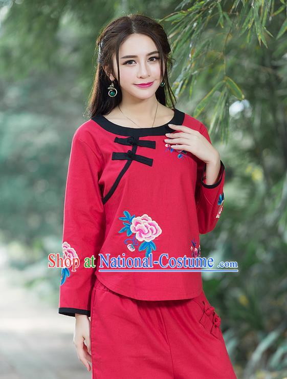 Traditional Chinese National Costume, Elegant Hanfu Linen Embroidery Flowers Round Collar Red T-Shirt, China Tang Suit Republic of China Plated Buttons Chirpaur Blouse Cheong-sam Upper Outer Garment Qipao Shirts Clothing for Women