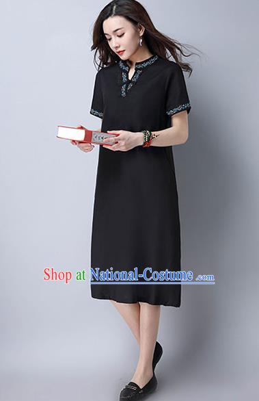 Traditional Ancient Chinese National Costume, Elegant Hanfu Mandarin Qipao Linen Embroidery Black Dress, China Tang Suit Chirpaur Republic of China Cheongsam Upper Outer Garment Elegant Dress Clothing for Women