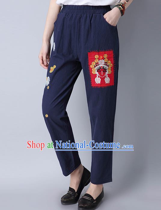 Traditional Chinese National Costume Loose Pants, Elegant Hanfu Embroidered Beijing Opera Facial Masks Navy Wide leg Pants, China Ethnic Minorities Tang Suit Ultra-wide-leg Trousers for Women