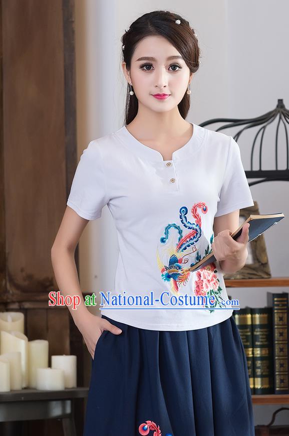 Traditional Chinese National Costume, Elegant Hanfu Embroidery Phoenix Flowers White T-Shirt, China Tang Suit Republic of China Chirpaur Blouse Cheong-sam Upper Outer Garment Qipao Shirts Clothing for Women