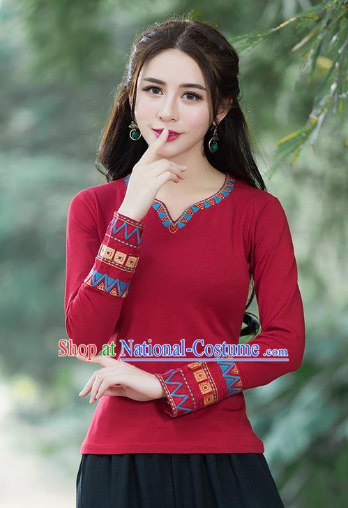 Traditional Chinese National Costume, Elegant Hanfu Embroidery Red T-Shirt, China Tang Suit National Minority Blouse Cheong-sam Upper Outer Garment Qipao Shirts Clothing for Women