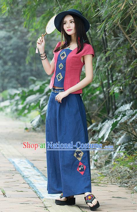 Traditional Chinese National Costume, Elegant Hanfu Embroidery Red T-Shirt and Loose Pants Complete Set, China Tang Suit Plated Buttons Blouse and Dockers for Women