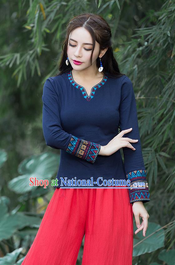 Traditional Chinese National Costume, Elegant Hanfu Embroidery Navy T-Shirt, China Tang Suit National Minority Blouse Cheong-sam Upper Outer Garment Qipao Shirts Clothing for Women