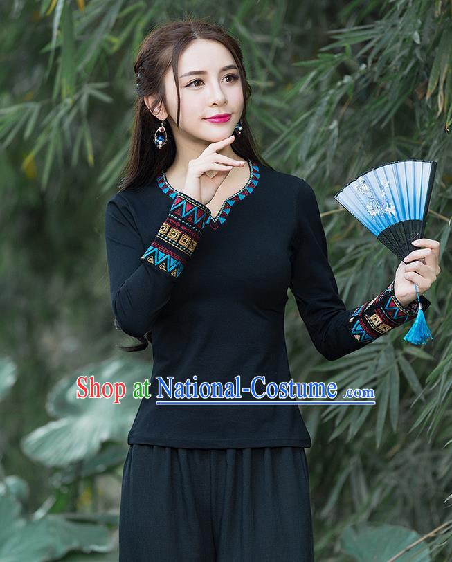 Traditional Chinese National Costume, Elegant Hanfu Embroidery Black T-Shirt, China Tang Suit National Minority Blouse Cheong-sam Upper Outer Garment Qipao Shirts Clothing for Women