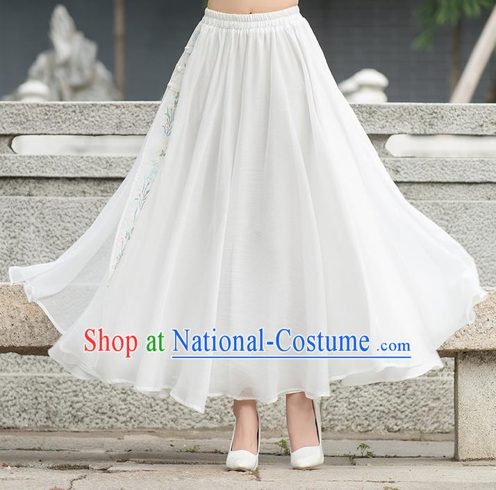 Traditional Ancient Chinese National Pleated Skirt Costume, Elegant Hanfu Hand Painting Peach Blossom Long White Dress, China Tang Suit Bust Skirt for Women