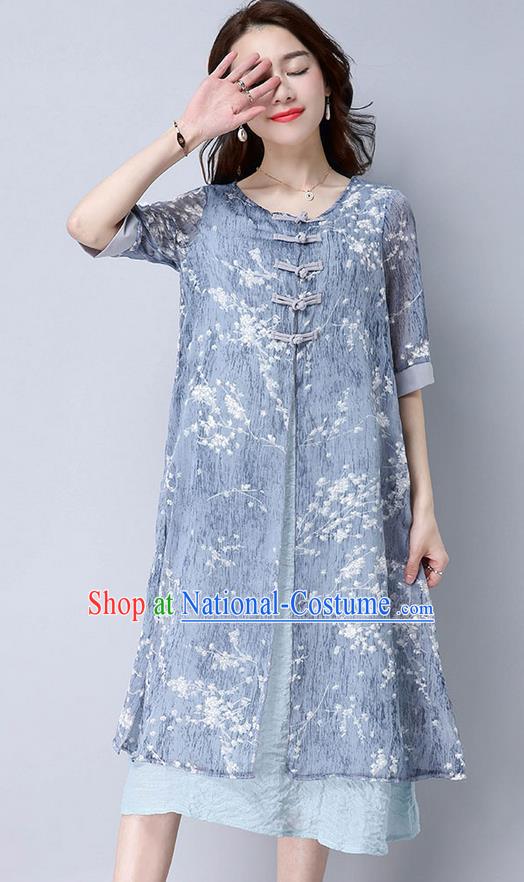 Traditional Ancient Chinese National Costume, Elegant Hanfu Mandarin Qipao Linen Double-deck Blue Dress, China Tang Suit Chirpaur Republic of China Cheongsam Upper Outer Garment Elegant Dress Clothing for Women