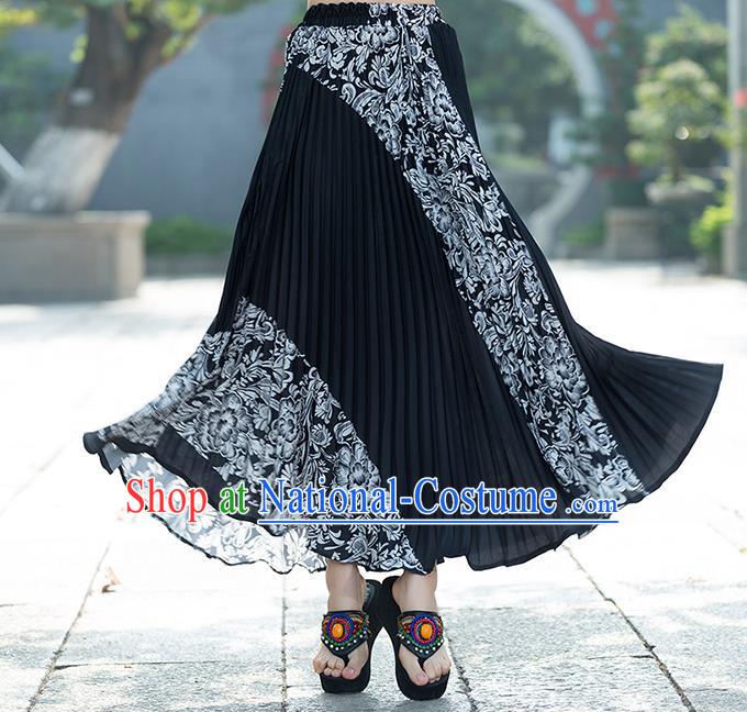 Traditional Ancient Chinese National Pleated Skirt Costume, Elegant Hanfu Chiffon Long Black Dress, China Tang Suit Big Swing Bust Skirt for Women