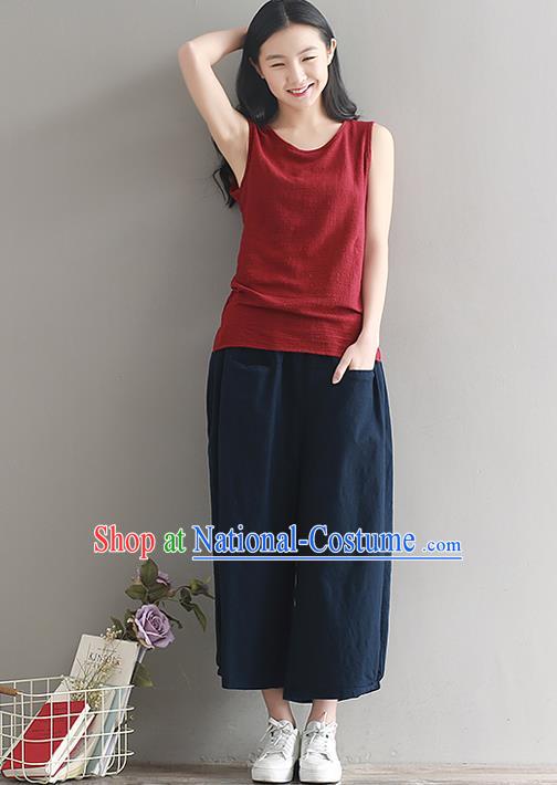 Traditional Chinese National Costume Loose Pants, Elegant Hanfu Linen Navy Wide leg Pants, China Ethnic Minorities Tang Suit Ultra-wide-leg Trousers for Women