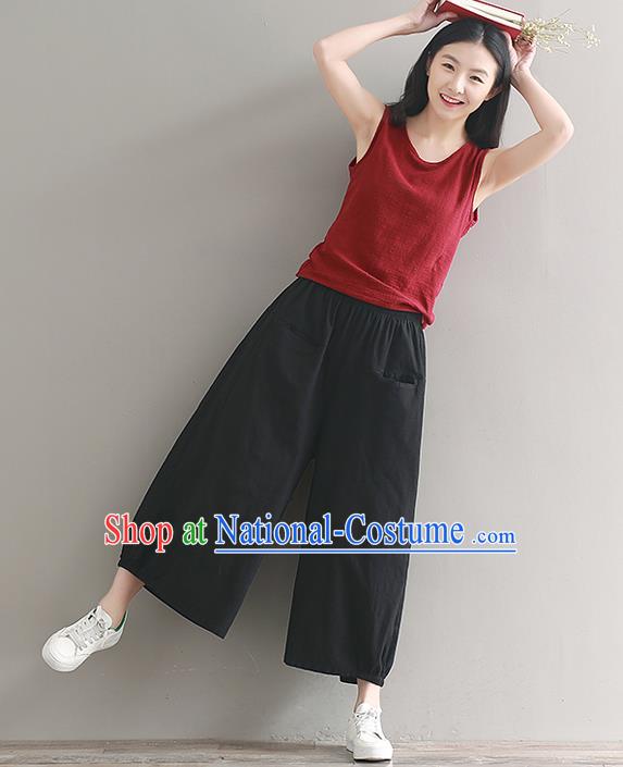 Traditional Chinese National Costume Loose Pants, Elegant Hanfu Linen Black Wide leg Pants, China Ethnic Minorities Tang Suit Ultra-wide-leg Trousers for Women