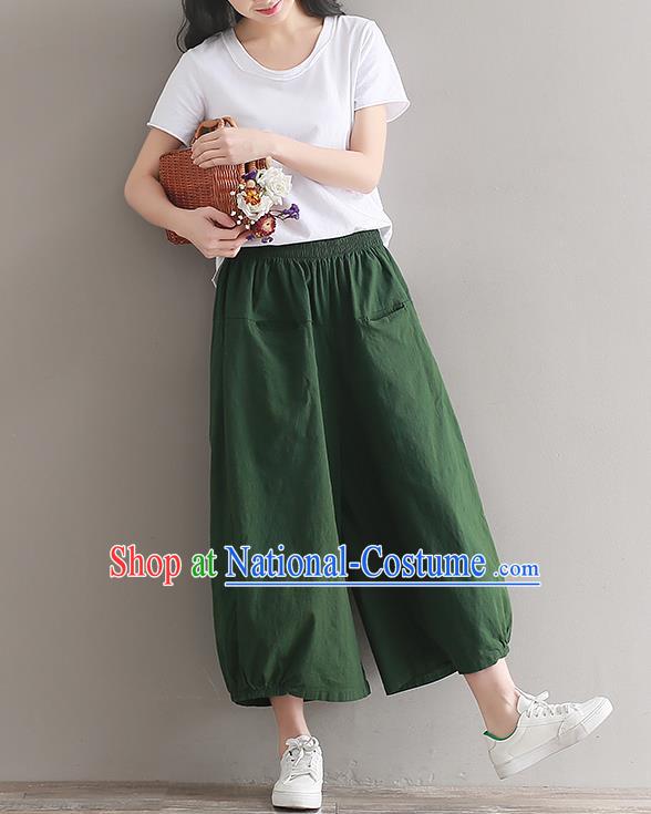 Traditional Chinese National Costume Loose Pants, Elegant Hanfu Linen Green Wide leg Pants, China Ethnic Minorities Tang Suit Ultra-wide-leg Trousers for Women