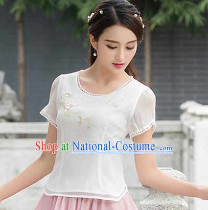 Traditional Chinese National Costume, Elegant Hanfu Embroidery Organza T-Shirt, China Tang Suit Republic of China Plated Buttons Chirpaur Blouse Cheong-sam Upper Outer Garment Qipao Shirts Clothing for Women