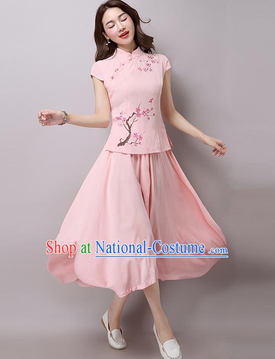 Traditional Chinese National Costume, Elegant Hanfu Embroidery Flowers Slant Opening Pink T-Shirt and Skirt Complete Set, China Tang Suit Republic of China Plated Buttons Chirpaur Blouse and Dress for Women