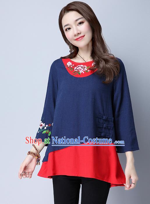 Traditional Chinese National Costume, Elegant Hanfu Embroidery Flowers Slant Opening Joint Navy T-Shirt, China Tang Suit Republic of China Plated Buttons Chirpaur Blouse Cheong-sam Upper Outer Garment Qipao Shirts Clothing for Women