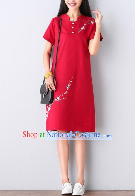 Traditional Ancient Chinese National Costume, Elegant Hanfu Mandarin Qipao Hand Ink Painting Red Dress, China Tang Suit Mandarin Collar Chirpaur Republic of China Cheongsam Upper Outer Garment Elegant Dress Clothing for Women