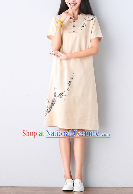 Traditional Ancient Chinese National Costume, Elegant Hanfu Mandarin Qipao Hand Ink Painting Beige Dress, China Tang Suit Mandarin Collar Chirpaur Republic of China Cheongsam Upper Outer Garment Elegant Dress Clothing for Women