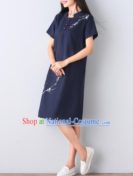 Traditional Ancient Chinese National Costume, Elegant Hanfu Mandarin Qipao Hand Ink Painting Navy Dress, China Tang Suit Mandarin Collar Chirpaur Republic of China Cheongsam Upper Outer Garment Elegant Dress Clothing for Women