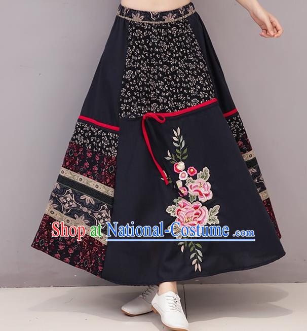 Traditional Ancient Chinese National Pleated Skirt Costume, Elegant Hanfu Linen Embroidery Long Black Dress, China Tang Suit National Minority Bust Skirt for Women