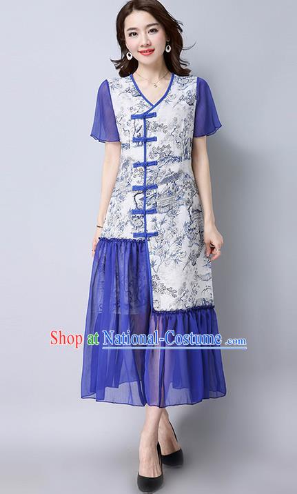 Traditional Ancient Chinese National Costume, Elegant Hanfu Mandarin Qipao Landscape Printing White Dress, China Tang Suit Chirpaur Republic of China Cheongsam Upper Outer Garment Elegant Dress Clothing for Women