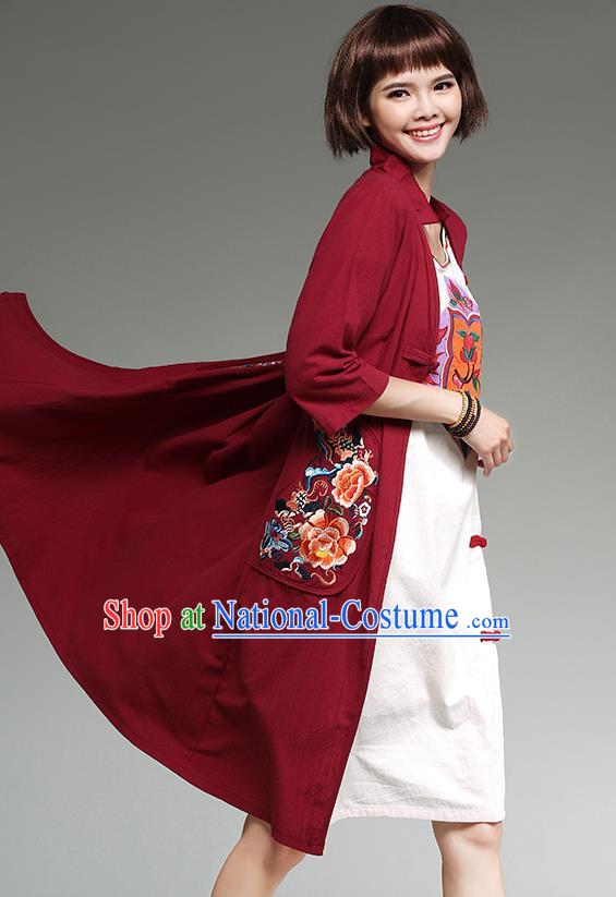 Traditional Ancient Chinese National Costume, Elegant Hanfu Cardigan Embroidered Red Coat, China Tang Suit Plated Buttons Cape, Upper Outer Garment Dust Coat Cloak Clothing for Women