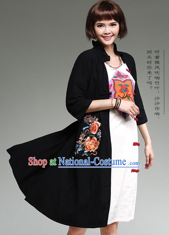 Traditional Ancient Chinese National Costume, Elegant Hanfu Cardigan Embroidered Black Coat, China Tang Suit Plated Buttons Cape, Upper Outer Garment Dust Coat Cloak Clothing for Women