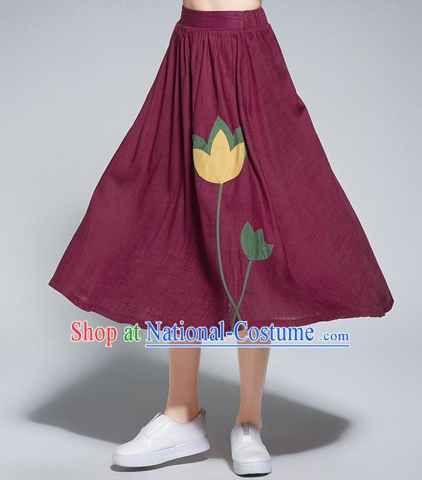 Traditional Ancient Chinese National Pleated Skirt Costume, Elegant Hanfu Flowers Patch Long Red Dress, China Tang Suit Bust Skirt for Women