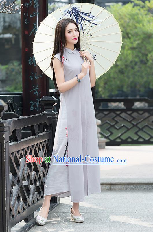 Traditional Chinese National Costume, Elegant Hanfu Mandarin Qipao Linen Hand Painting Plum Blossom Grey Dress, China Tang Suit Chirpaur Republic of China Cheongsam Upper Outer Garment Elegant Dress Clothing for Women