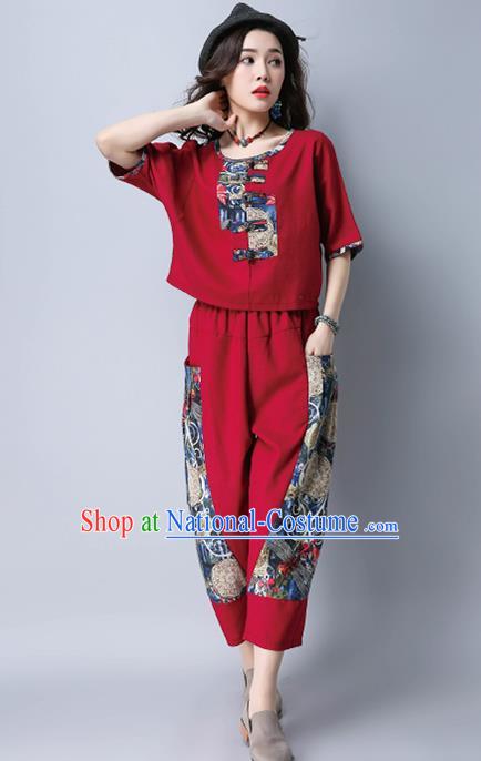 Traditional Chinese National Costume, Elegant Hanfu Embroidery Red T-Shirt and Loose Pants Complete Set, China Tang Suit Plated Buttons Blouse and Dockers for Women