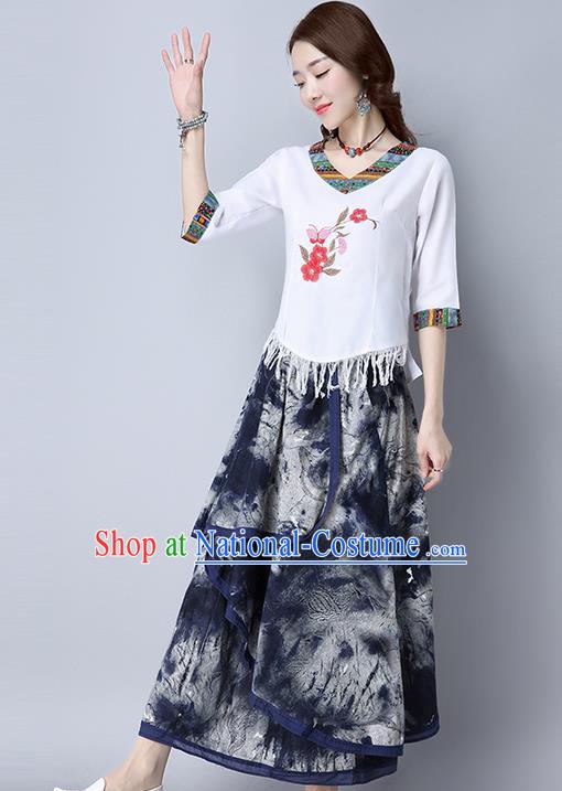 Traditional Chinese National Costume, Elegant Hanfu Embroidery T-Shirt and Skirt Complete Set, China Tang Suit Blouse and Dress for Women