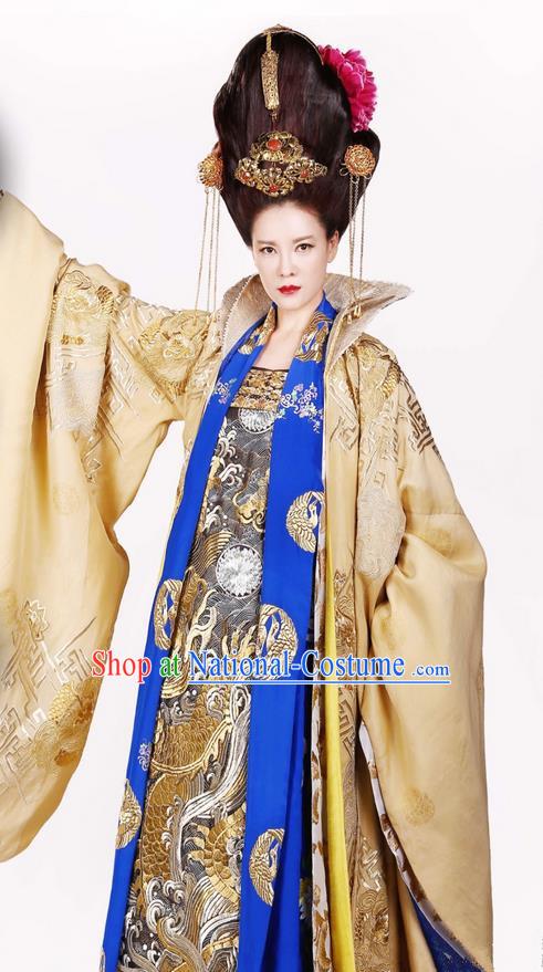 Traditional Ancient Chinese Elegant Queen Mother Costume, Chinese Ancient Han Dynasty Palace Lady Dress, Cosplay Chinese Television Drama Above The Clouds Empress Dowager Hanfu Trailing Embroidery Clothing for Women