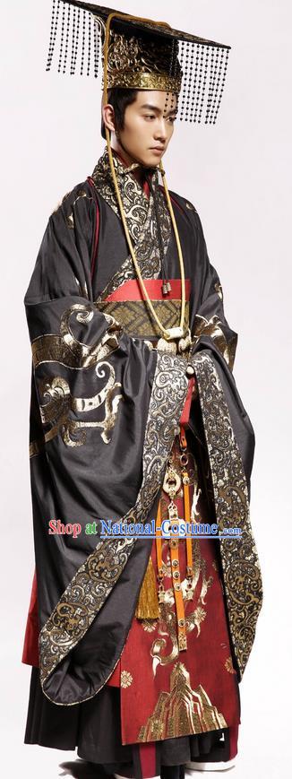 Traditional Chinese Ancient Emperor Costumes and Hat Complete Set, Chinese Teleplay Above The Clouds Role Han Dynasty King Robe, China Majesty Embroidery Hanfu Clothing for Men