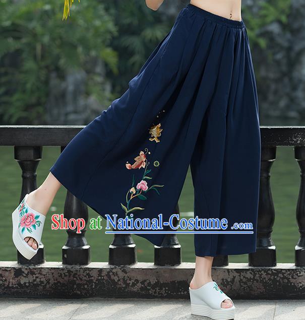 Traditional Chinese National Costume Loose Pants, Elegant Hanfu Embroidered Navy Wide leg Pants, China Ethnic Minorities Tang Suit Ultra-wide-leg Trousers for Women