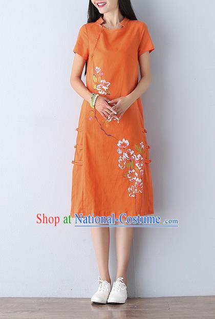 Traditional Ancient Chinese National Costume, Elegant Hanfu Mandarin Qipao Linen Printing Orange Dress, China Tang Suit Chirpaur Republic of China Cheongsam Upper Outer Garment Elegant Dress Clothing for Women