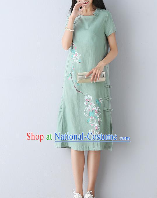 Traditional Ancient Chinese National Costume, Elegant Hanfu Mandarin Qipao Linen Printing Blue Dress, China Tang Suit Chirpaur Republic of China Cheongsam Upper Outer Garment Elegant Dress Clothing for Women