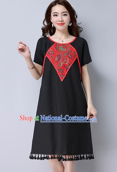 Traditional Ancient Chinese National Costume, Elegant Hanfu Mandarin Qipao Linen Patch Embroidery Black Dress, China Tang Suit Tassel Chirpaur Republic of China Cheongsam Upper Outer Garment Elegant Dress Clothing for Women