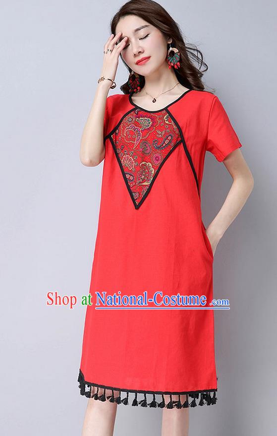 Traditional Ancient Chinese National Costume, Elegant Hanfu Mandarin Qipao Linen Patch Embroidery Red Dress, China Tang Suit Tassel Chirpaur Republic of China Cheongsam Upper Outer Garment Elegant Dress Clothing for Women