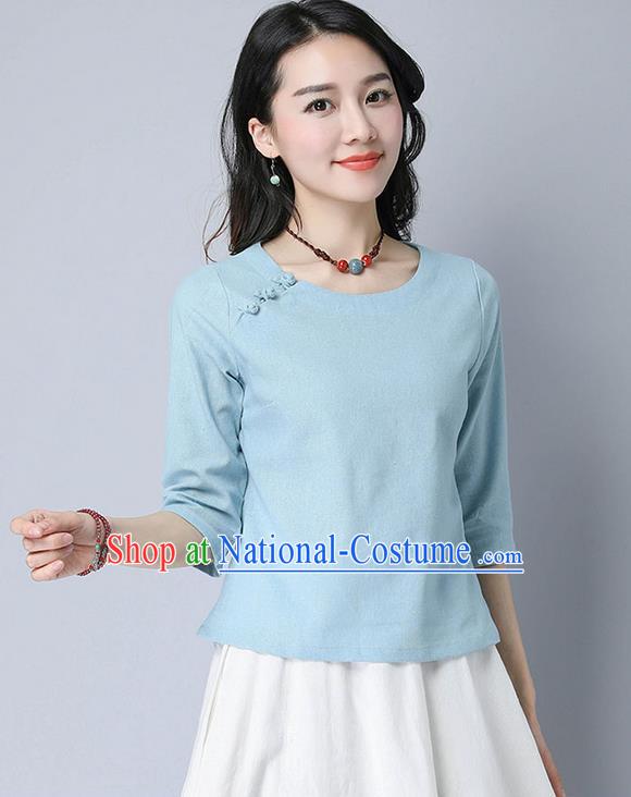 Traditional Chinese National Costume, Elegant Hanfu Linen Slant Opening Blue T-Shirt, China Tang Suit Republic of China Plated Buttons Chirpaur Blouse Cheong-sam Upper Outer Garment Qipao Shirts Clothing for Women