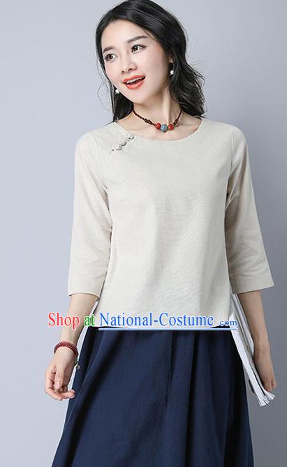 Traditional Chinese National Costume, Elegant Hanfu Linen Slant Opening Beige T-Shirt, China Tang Suit Republic of China Plated Buttons Chirpaur Blouse Cheong-sam Upper Outer Garment Qipao Shirts Clothing for Women