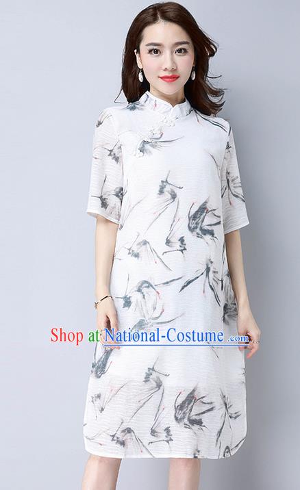 Traditional Ancient Chinese National Costume, Elegant Hanfu Mandarin Qipao Linen Ink Painting White Dress, China Tang Suit Stand Collar Chirpaur Republic of China Cheongsam Upper Outer Garment Elegant Dress Clothing for Women