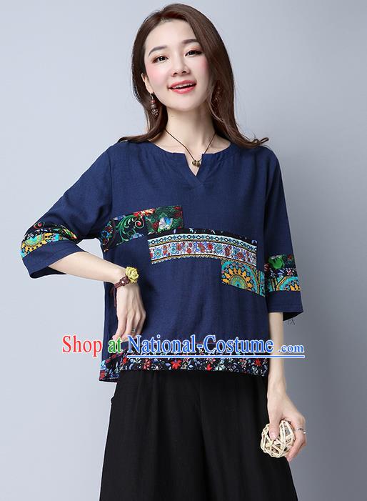 Traditional Chinese National Costume, Elegant Hanfu Round Collar Navy T-Shirt, China Tang Suit Republic of China Chirpaur Blouse Cheong-sam Upper Outer Garment Qipao Shirts Clothing for Women