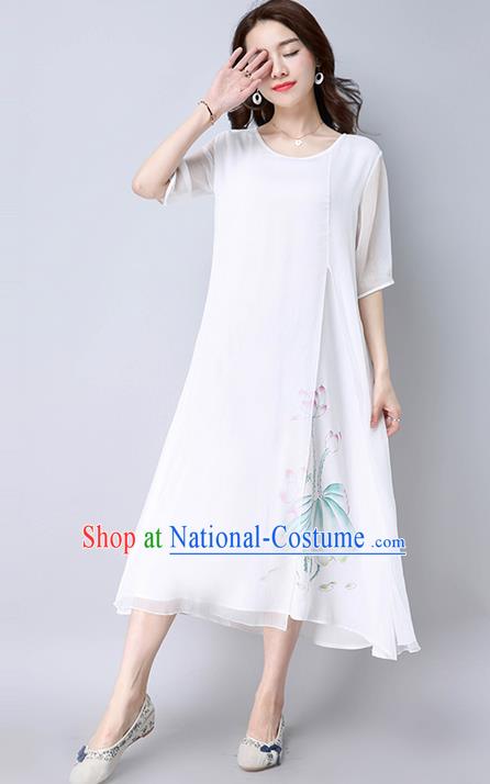 Traditional Ancient Chinese National Costume, Elegant Hanfu Mandarin Qipao Chiffon Painting White Dress, China Tang Suit Chirpaur Republic of China Cheongsam Upper Outer Garment Elegant Dress Clothing for Women