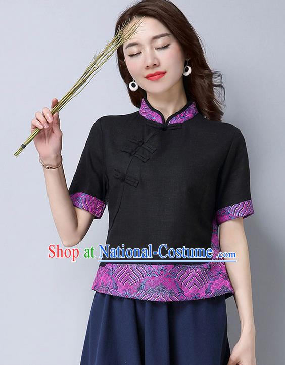 Traditional Chinese National Costume, Elegant Hanfu Joint Embroidery Flowers Slant Opening Black Shirt, China Tang Suit Republic of China Plated Buttons Chirpaur Blouse Cheong-sam Upper Outer Garment Qipao Shirts Clothing for Women