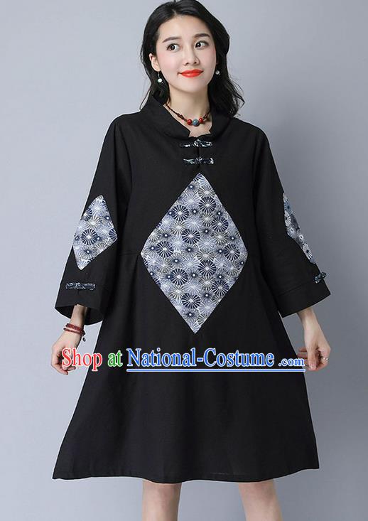 Traditional Ancient Chinese National Costume, Elegant Hanfu Mandarin Qipao Linen Patch Black Dress, China Tang Suit Chirpaur Republic of China Cheongsam Upper Outer Garment Elegant Dress Clothing for Women