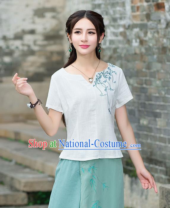 Traditional Chinese National Costume, Elegant Hanfu Embroidery Flowers White T-Shirt, China Tang Suit Republic of China Chirpaur Blouse Cheong-sam Upper Outer Garment Qipao Shirts Clothing for Women