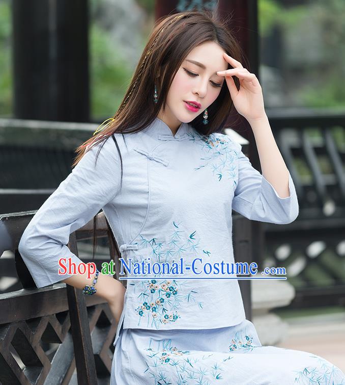 Traditional Chinese National Costume, Elegant Hanfu Embroidery Slant Opening Blue T-Shirt, China Tang Suit Republic of China Chirpaur Blouse Cheong-sam Upper Outer Garment Qipao Shirts Clothing for Women