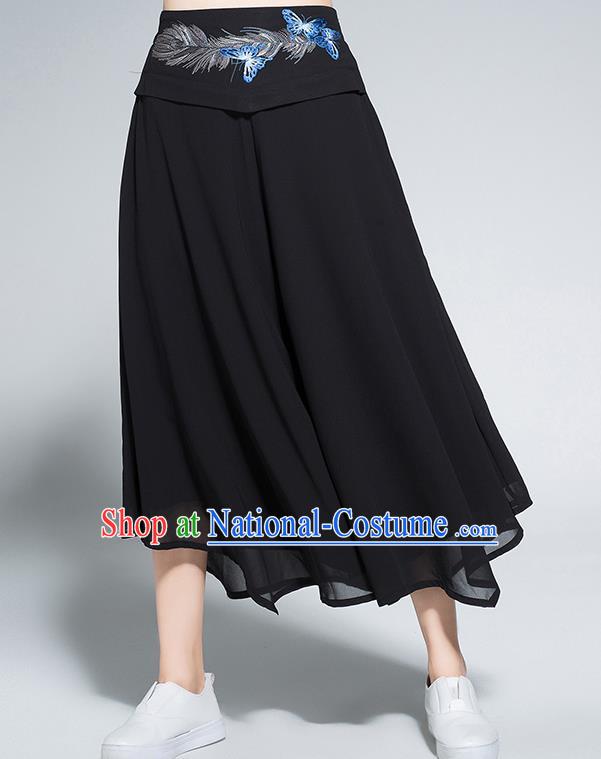 Traditional Chinese National Costume Loose Pants, Elegant Hanfu Embroidered Belt Chiffon Black Wide leg Pants, China Ethnic Minorities Tang Suit Ultra-wide-leg Trousers for Women