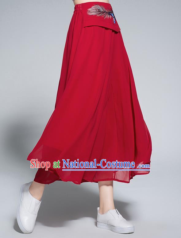 Traditional Chinese National Costume Loose Pants, Elegant Hanfu Embroidered Belt Chiffon Red Wide leg Pants, China Ethnic Minorities Tang Suit Ultra-wide-leg Trousers for Women