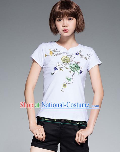 Traditional Chinese National Costume, Elegant Hanfu Embroidery Flowers White T-Shirt, China Tang Suit Plated Buttons Chirpaur Blouse Cheong-sam Upper Outer Garment Qipao Shirts Clothing for Women